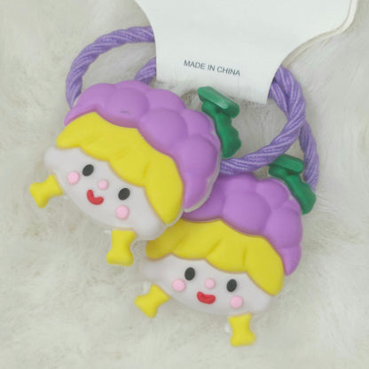 Two purple hair ties with cartoon character ends on a white background