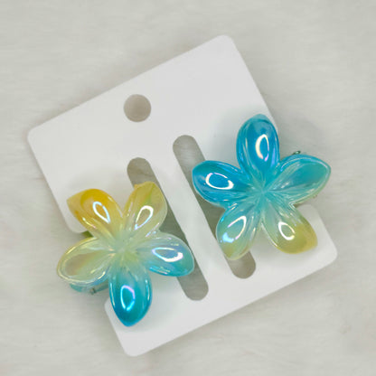 Pair of multi colored yellow blue flower hair claws with dual shades, neatly arranged for product showcase.