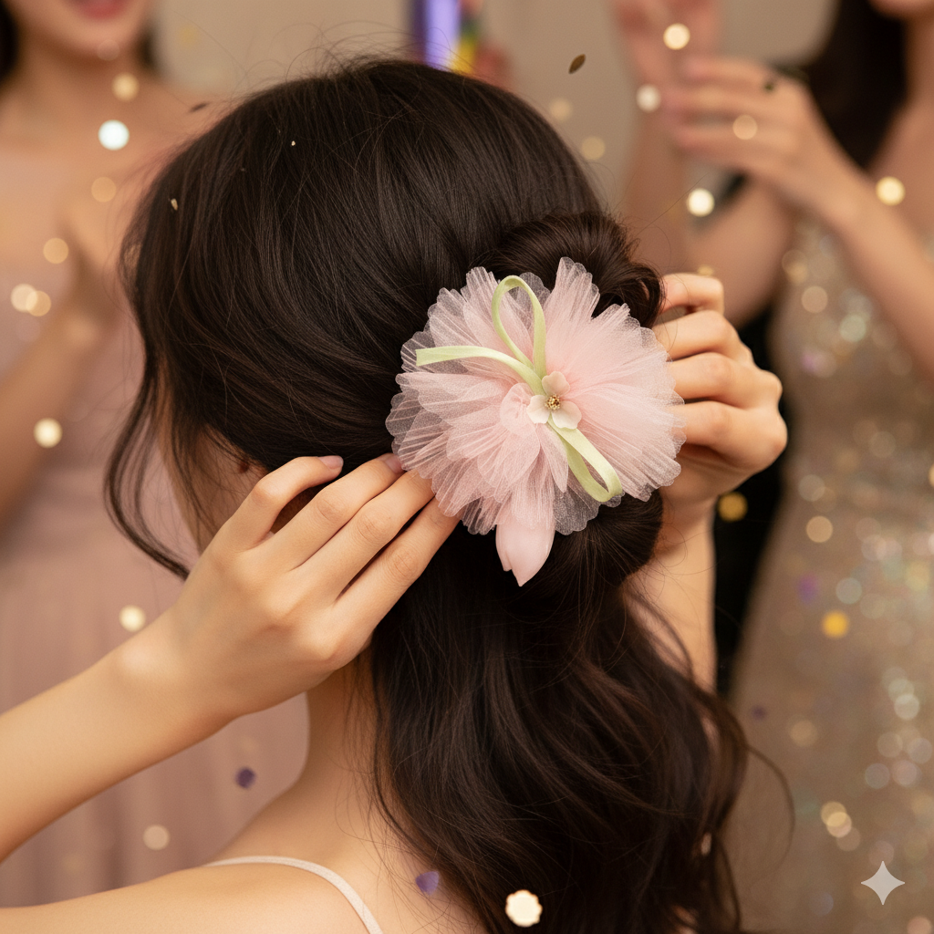 Person adjusting a decorative hair accessory with a blurred festive background