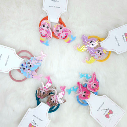 Cartoon character hair ties with colorful ribbons on a white background