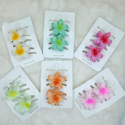 Set of colorful flower-shaped hair clips on their packaging with 'Fashion Jewelry' branding.